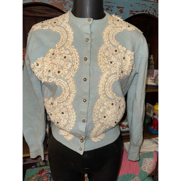 SPECTACULAR LINED VINTAGE LACE & JEWEL TRIM CARDIGAN SWEATER MUST SEE!! - Picture 10 of 13